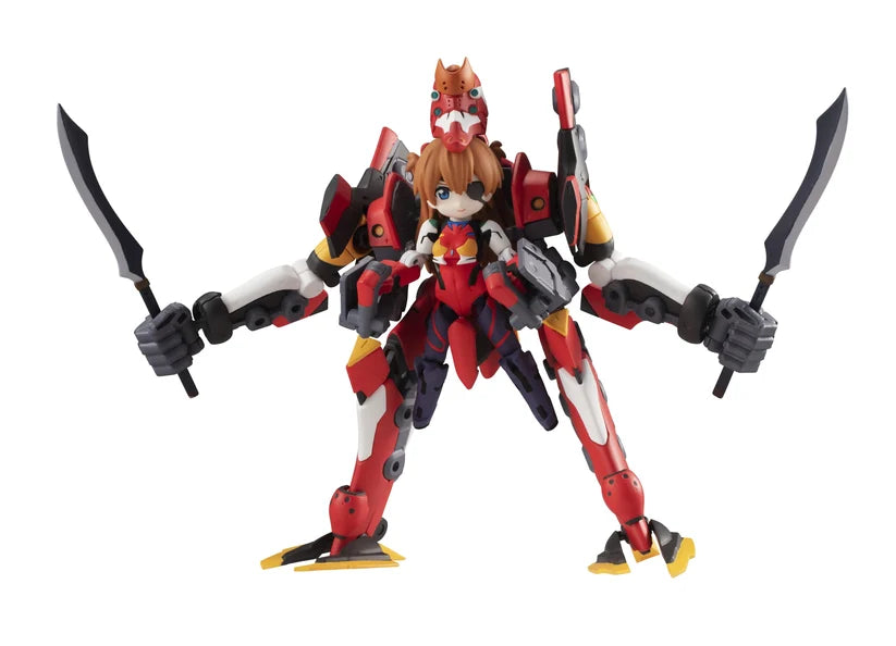 Action figure with red and black armor holding weapons on a white background