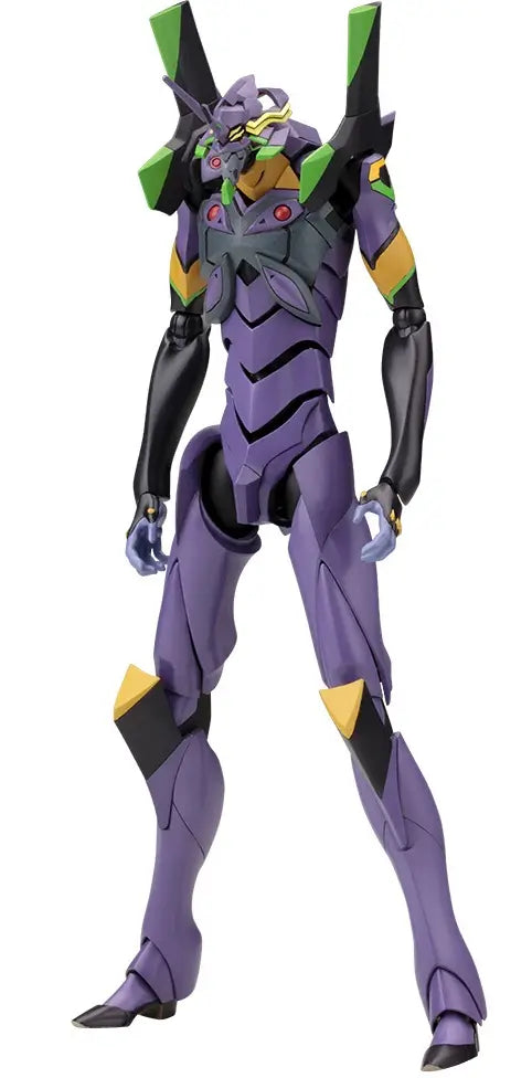 A purple and black mecha action figure with green and yellow accents, standing on a plain white background.