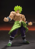Action figure of a character with green hair and outfit on a dark background
