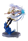 Anime figurine of a female elf warrior with white hair, wearing a white and gold dress, holding a glowing blue staff, standing on a blue flame-shaped base against a white background.