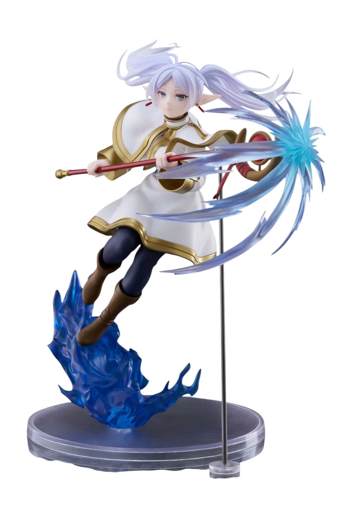 Anime figurine of a female elf warrior with white hair, wearing a white and gold dress, holding a glowing blue staff, standing on a blue flame-shaped base against a white background.