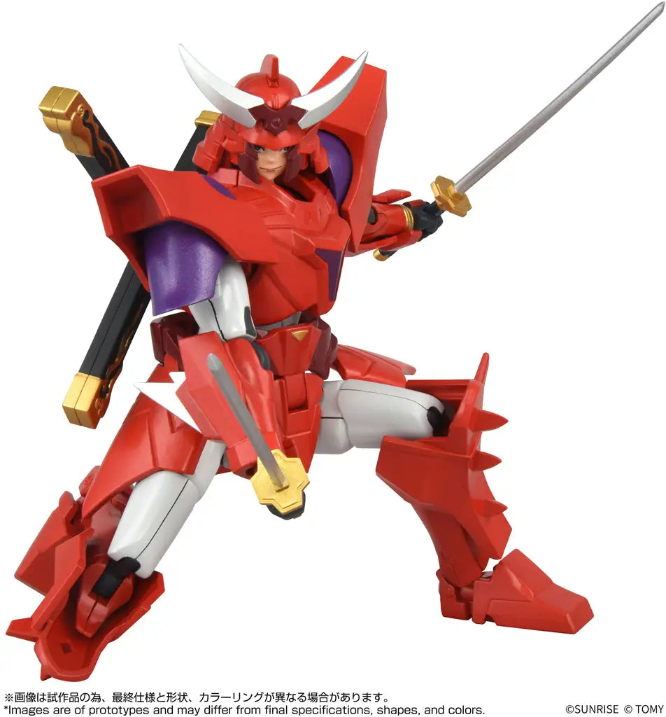 Red and white robot toy figure with a sword on a white background