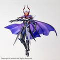 A detailed action figure of a fantasy warrior with a large purple cape, metallic silver and blue armor, and red horns, shown against a plain light gray background.