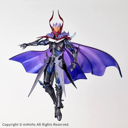 A detailed action figure of a fantasy warrior with a large purple cape, metallic silver and blue armor, and red horns, shown against a plain light gray background.