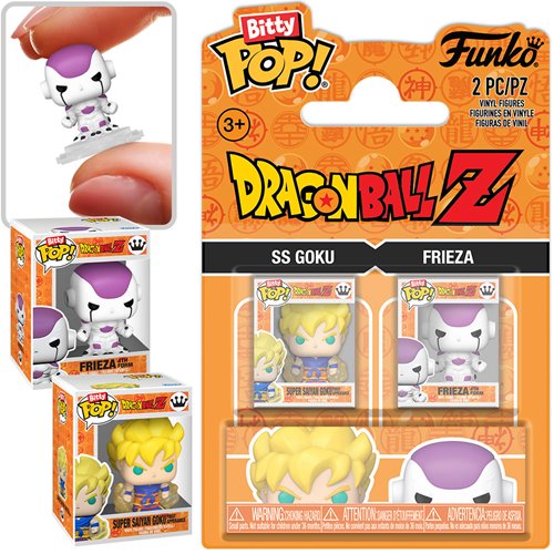 Funko Bitty Pop! Dragon Ball Z figures in packaging with Super Saiyan Goku and Frieza.