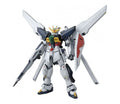 A white and gray mecha robot figure with large wing-like back panels, holding a long gun, on a plain white background.