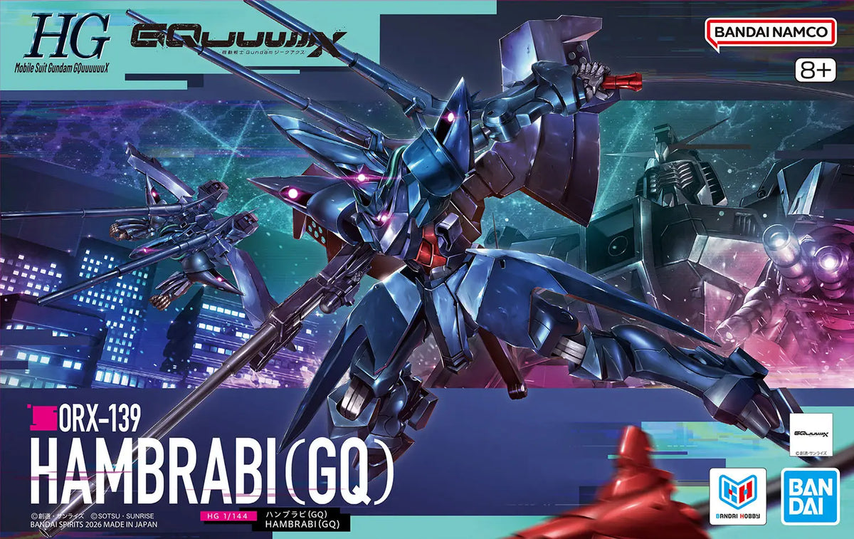 Bandai Namco HG Micro Scale Gundam Collection Hambrabi (GQ) model kit box art, featuring a blue and black mecha robot in a futuristic city scene with other robots in the background.