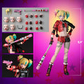 Harley Quinn action figure set shown on a pink gradient background with star graphics, including a main figure pose, alternate head and hand accessories, a toy gun, and a baseball bat. The image includes a size marker of 5.