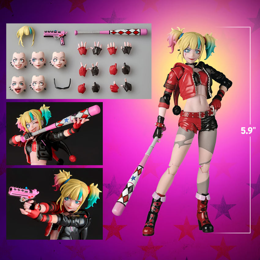 Harley Quinn action figure set shown on a pink gradient background with star graphics, including a main figure pose, alternate head and hand accessories, a toy gun, and a baseball bat. The image includes a size marker of 5.