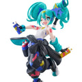 A detailed collectible figurine of Hatsune Miku in a dynamic pose, featuring bright turquoise hair, a white sleeveless top, a large black skirt with colorful paint splatters, and holding spray paint cans.