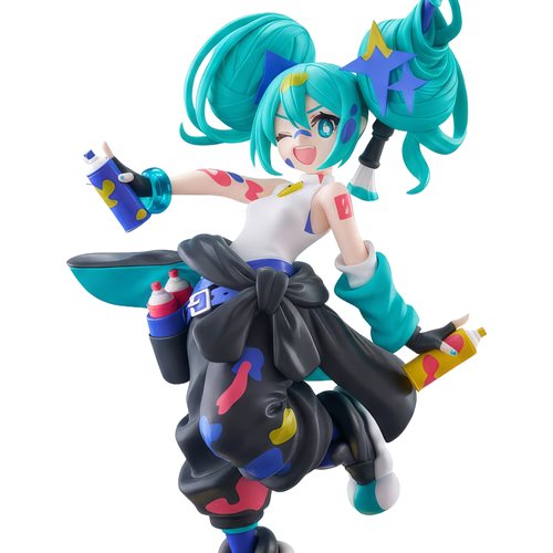 A detailed collectible figurine of Hatsune Miku in a dynamic pose, featuring bright turquoise hair, a white sleeveless top, a large black skirt with colorful paint splatters, and holding spray paint cans.