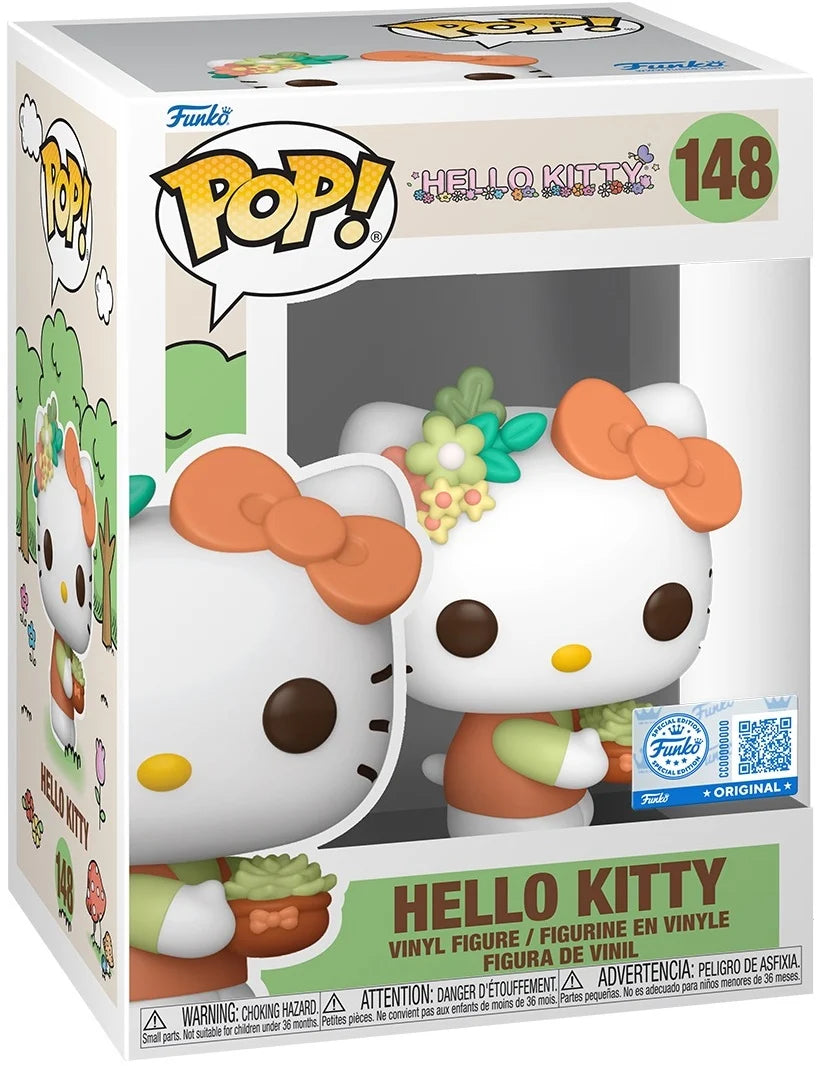 Funko Pop! Hello Kitty vinyl figure number 148 in its original retail packaging, featuring a white Hello Kitty figure with an orange bow and green floral accents.