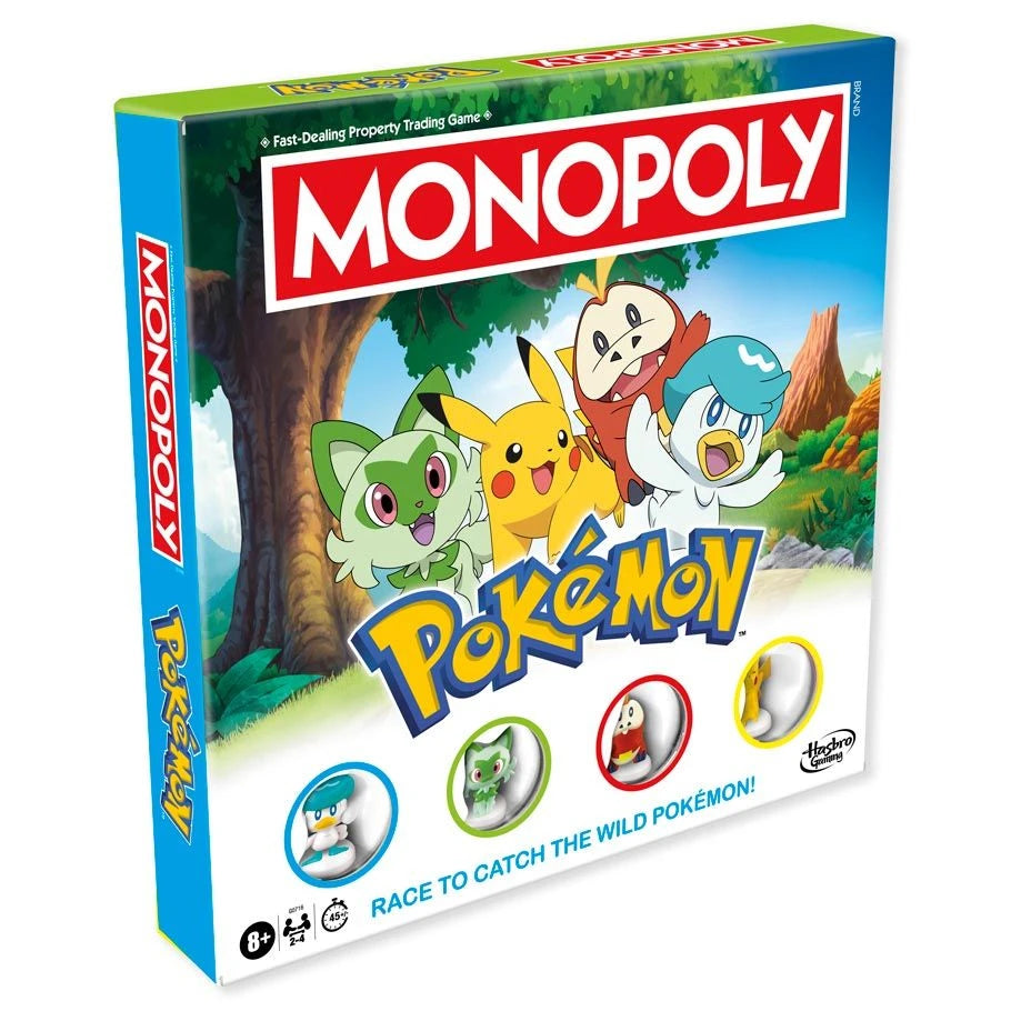 Monopoly Pokémon board game box with cartoon characters on a white background