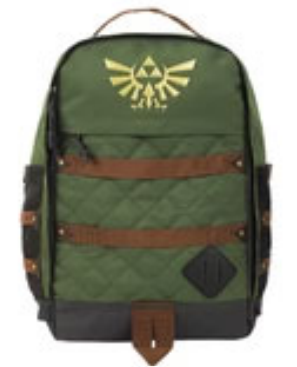 An olive green backpack featuring a gold Triforce emblem from The Legend of Zelda on the front, brown quilted straps, and a black bottom panel.