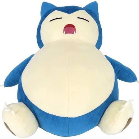 A blue and cream Snorlax plush toy sitting upright against a plain white background.