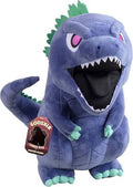 A purple Godzilla plush toy with green spikes, pink eyes, and an open mouth showing white teeth, with a hangtag on the left side.