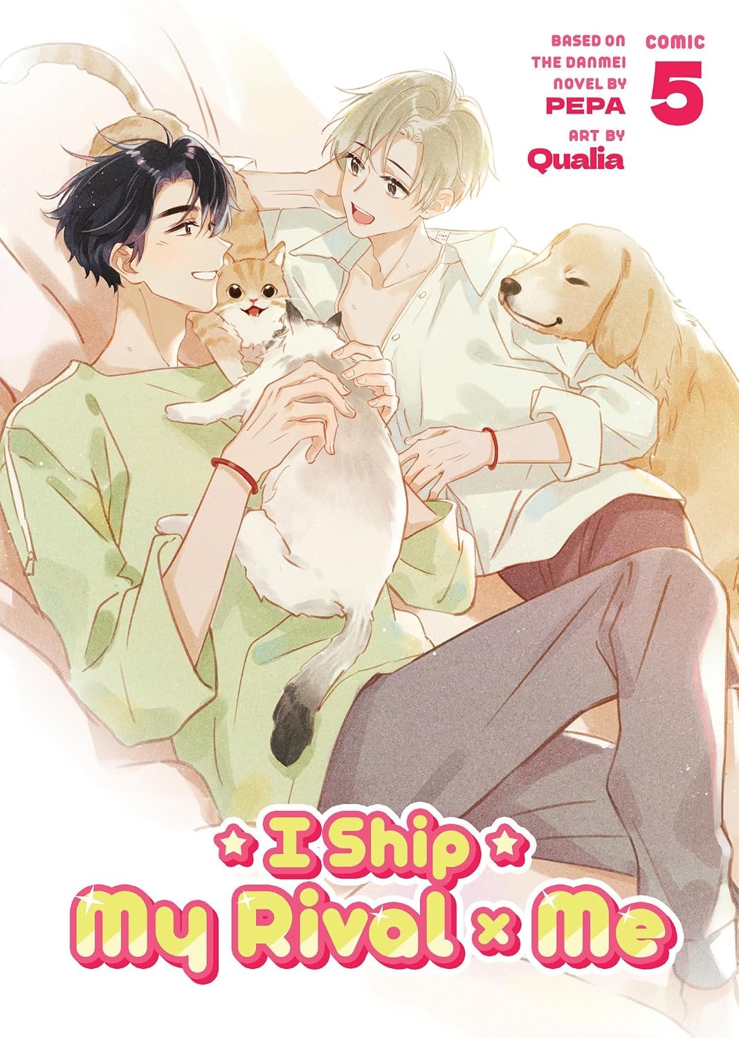 Cover of a manga book titled 'I Ship My Rival Me' featuring two characters with pets.