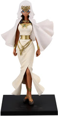A collectible figurine of a female Egyptian goddess in a flowing white dress with gold jewelry, standing on a black display base against a white background.