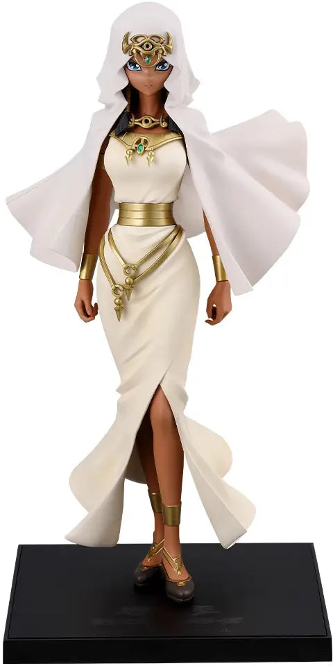 A collectible figurine of a female Egyptian goddess in a flowing white dress with gold jewelry, standing on a black display base against a white background.