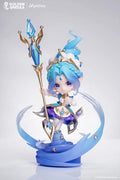 Animated character figurine with blue hair and a staff on a white background