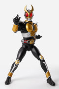 Action figure in a black, gold, and white costume with helmet on a white background