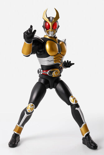 Action figure in a black, gold, and white costume with helmet on a white background
