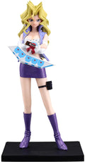 A collectible anime figurine of Mai Valentine from Yu-Gi-Oh! wearing a purple and white outfit, holding a card, standing on a black display base against a white background.