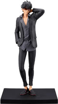 A collectible anime figurine of a male character with dark hair and sunglasses, wearing a dark gray suit, standing on a black display base against a white background.