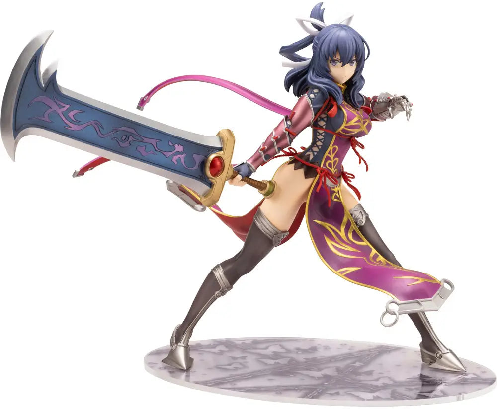 Animated character figurine with a large weapon on a white background