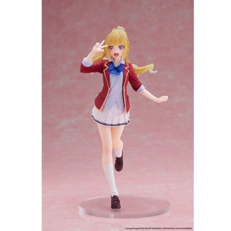A collectible anime figurine of a blonde female character in a school uniform, posed mid-step on a clear round base against a pink studio background.