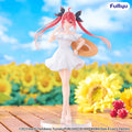 Figurine of a character with pink hair and a white dress standing in front of sunflowers, with 'Furyu' branding.