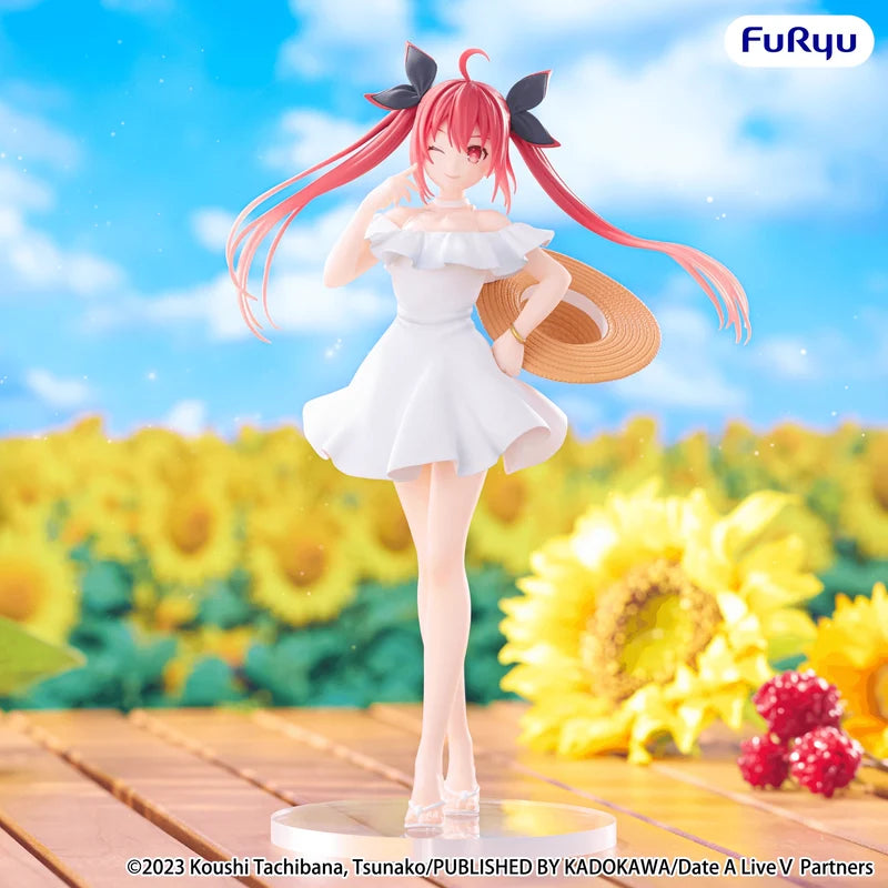 Figurine of a character with pink hair and a white dress standing in front of sunflowers, with 'Furyu' branding.