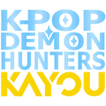 A graphic design featuring the text 'K-POP DEMON HUNTERS' in light blue gradient letters with diamond icons inside the O's, and 'KAYOU' in bold yellow letters below, set against a solid white background.