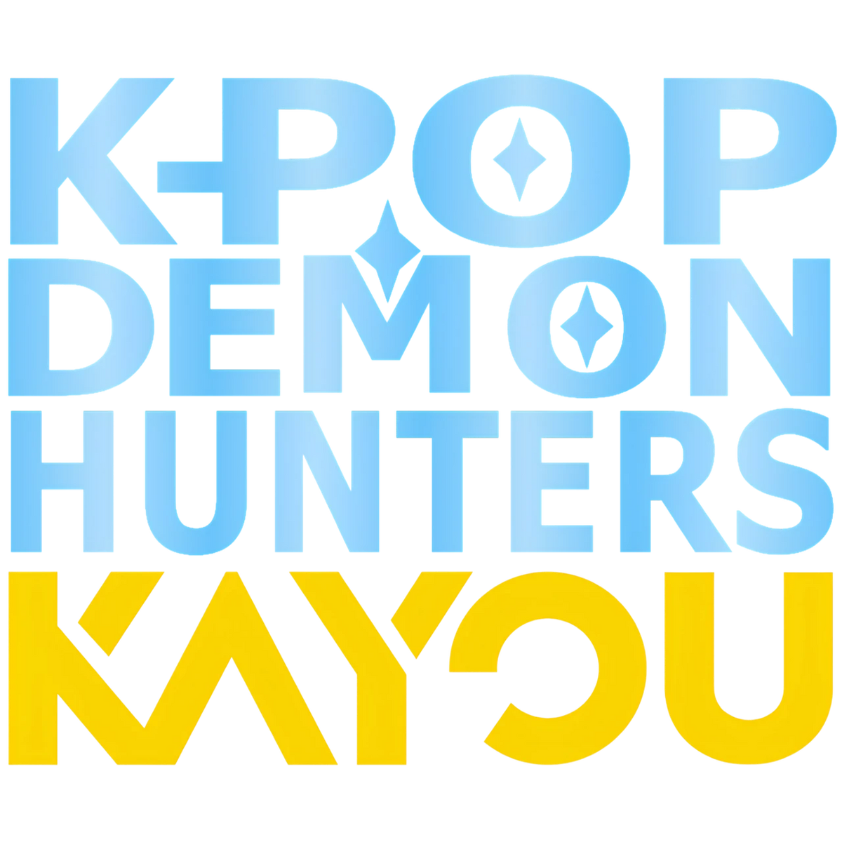 A graphic design featuring the text 'K-POP DEMON HUNTERS' in light blue gradient letters with diamond icons inside the O's, and 'KAYOU' in bold yellow letters below, set against a solid white background.
