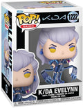 Funko Pop! Games vinyl figure of K/DA Evelynn from the game LoL, number 1222 in the series. The figure is shown inside its original window box packaging, featuring her signature blue armor and lavender hair.