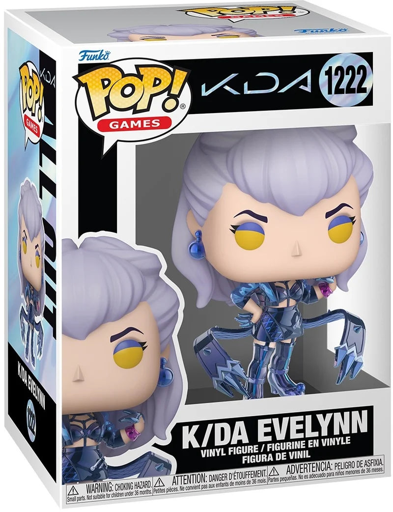 Funko Pop! Games vinyl figure of K/DA Evelynn from the game LoL, number 1222 in the series. The figure is shown inside its original window box packaging, featuring her signature blue armor and lavender hair.