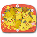 A 3D papercraft pop-up art piece featuring multiple cheerful yellow Pikachu characters layered behind a red rounded rectangular frame, with star and Pokéball motifs and the word 'PIKACHU' printed in large yellow letters at the bottom left.