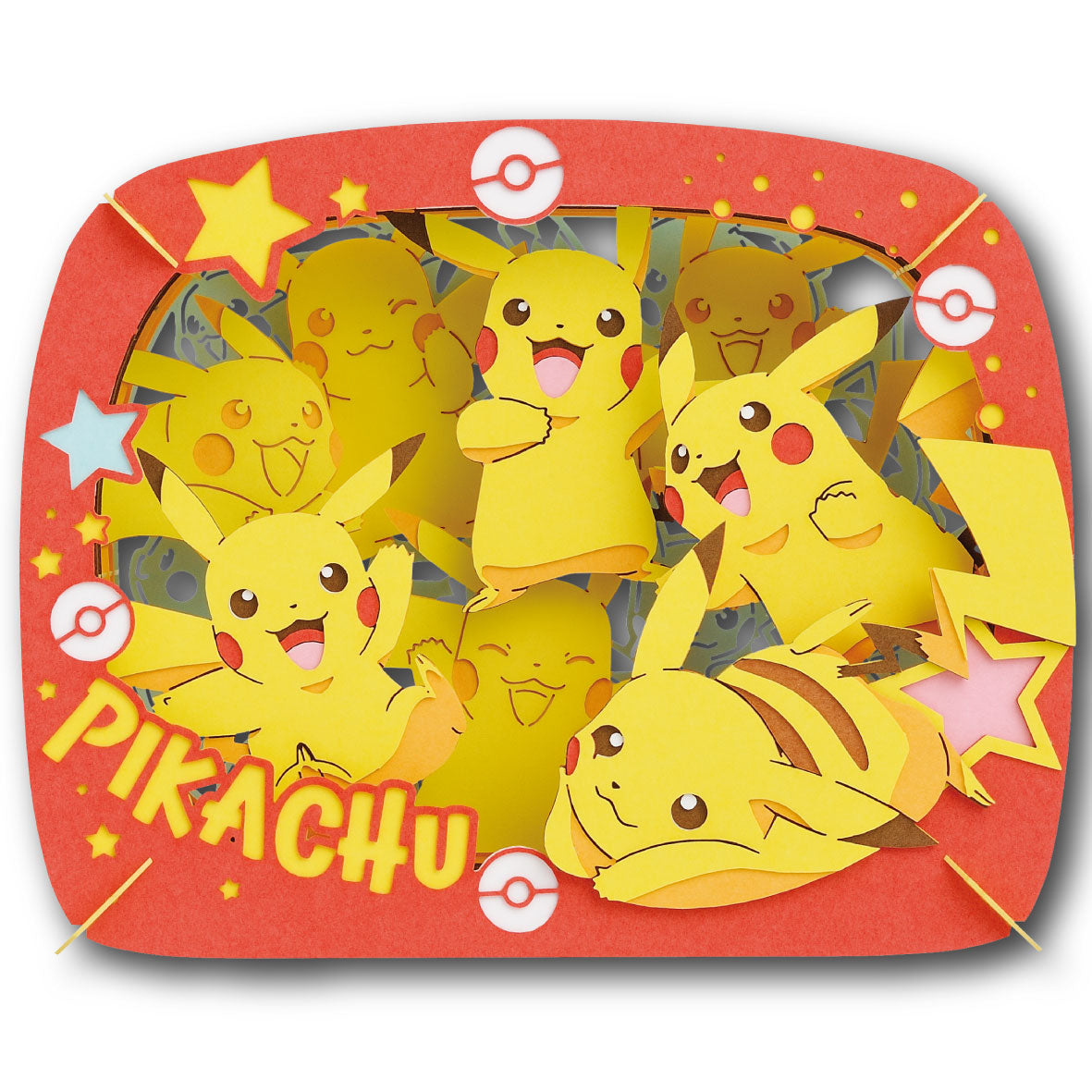 A 3D papercraft pop-up art piece featuring multiple cheerful yellow Pikachu characters layered behind a red rounded rectangular frame, with star and Pokéball motifs and the word 'PIKACHU' printed in large yellow letters at the bottom left.