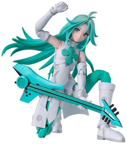 Figurine of a character with teal hair and outfit, holding a large weapon on a white background