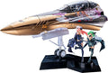 Model of a futuristic spaceship with two animated characters on a stand