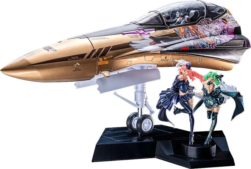 Model of a futuristic spaceship with two animated characters on a stand