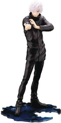 A collectible figurine of the character Satoru Gojo from Jujutsu Kaisen, depicted in a black coat and pants with white hair, standing on a blue base against a white background.