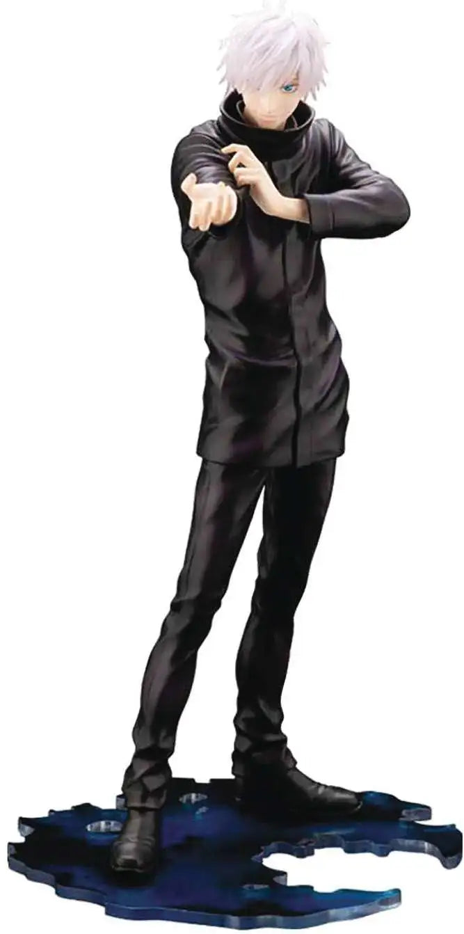 A collectible figurine of the character Satoru Gojo from Jujutsu Kaisen, depicted in a black coat and pants with white hair, standing on a blue base against a white background.
