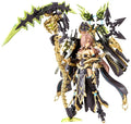A detailed anime figurine of a female warrior character with pink hair, wearing ornate black and gold armor and wielding a large scythe-like weapon, shown on a plain white background.