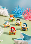 Set of 5 cats in a box with marine animals on their heads.