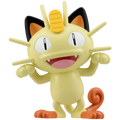 A collectible vinyl figure of Meowth from Pokémon, shown against a plain white background. The figure is pale yellow with orange paws, tail tip, and inner ears, black outer ears, and a yellow crest on its forehead.