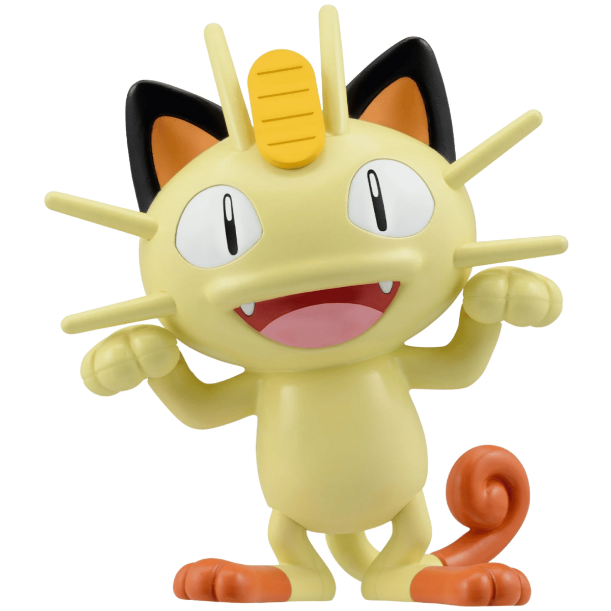 A collectible vinyl figure of Meowth from Pokémon, shown against a plain white background. The figure is pale yellow with orange paws, tail tip, and inner ears, black outer ears, and a yellow crest on its forehead.
