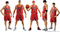 Five basketball character figures in red Shohoku uniforms posed against a plain white background, with one figure holding a basketball. The figures show different front and side angles.