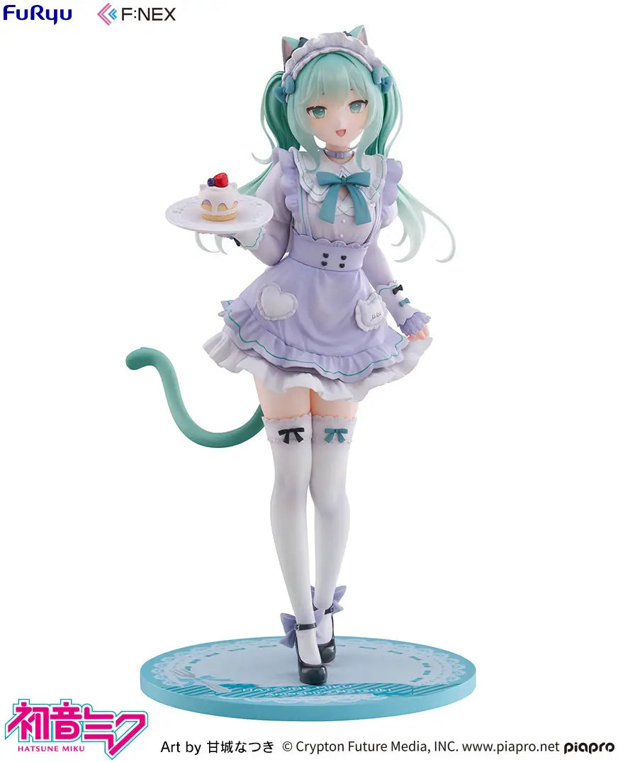 A collectible anime figurine of Hatsune Miku in a lavender cat-girl maid outfit, holding a small dessert plate. The figure has mint green hair, a cat tail, and wears white thigh-high socks with cat-ear details, standing on a light blue circular base.
