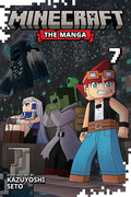 Minecraft manga book cover with characters and pixelated background